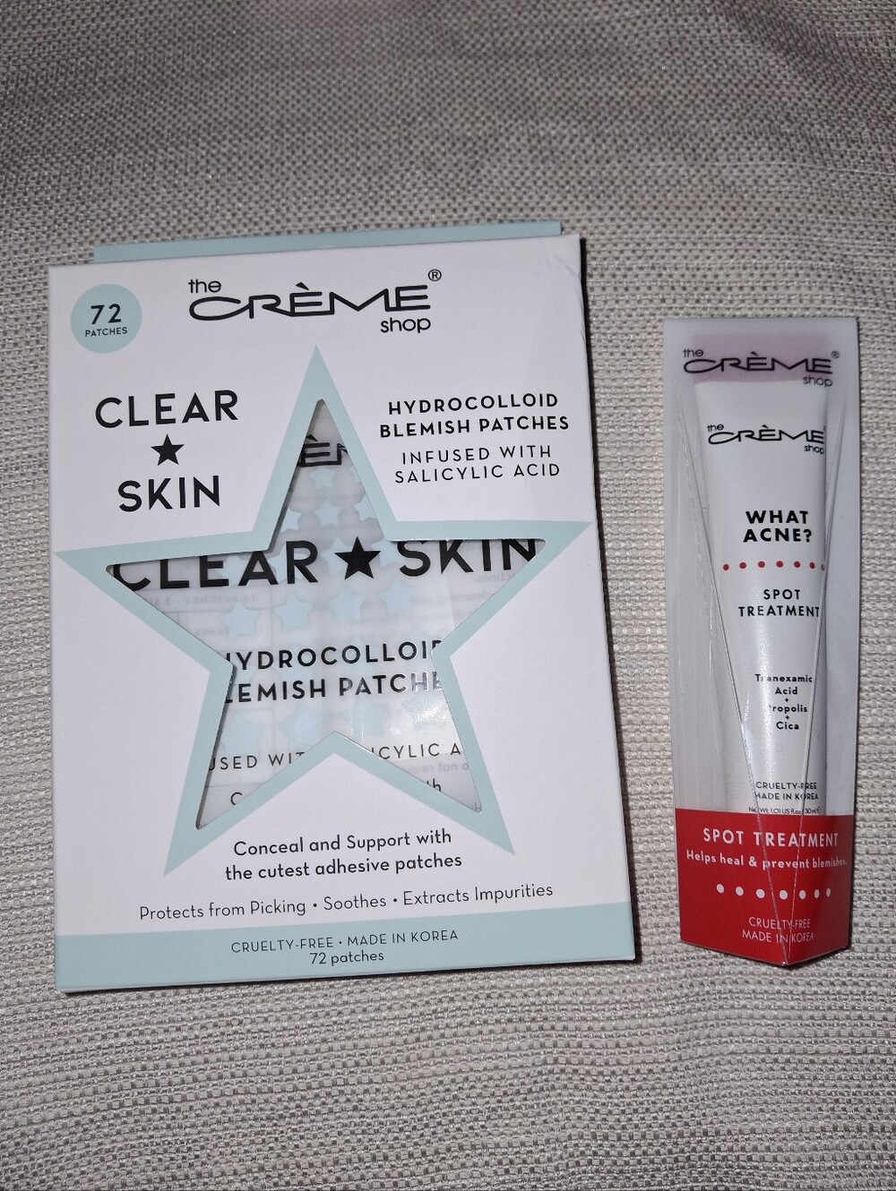 The Crème Shop Acne Set - 72 Clear Skin Star Patches + What Acne? Spot Treatment